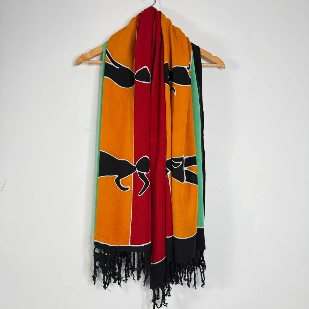 Womens OS Sarong Wrap Scarf Multicolor‎ Batik Dancing Figures Fringe Boho